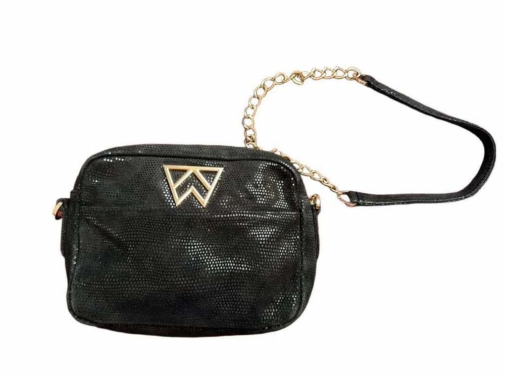 Kelly Wynne Black Snake Print Suede Crossbody Bag